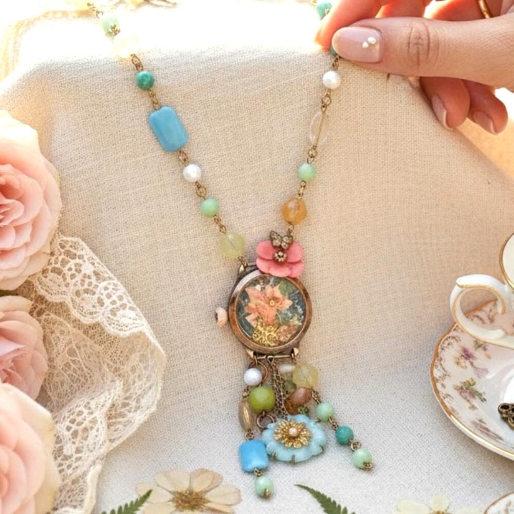 Handmade Floral Charm Necklace Romantic Coquette Cottagecore Fairycore Jewelry